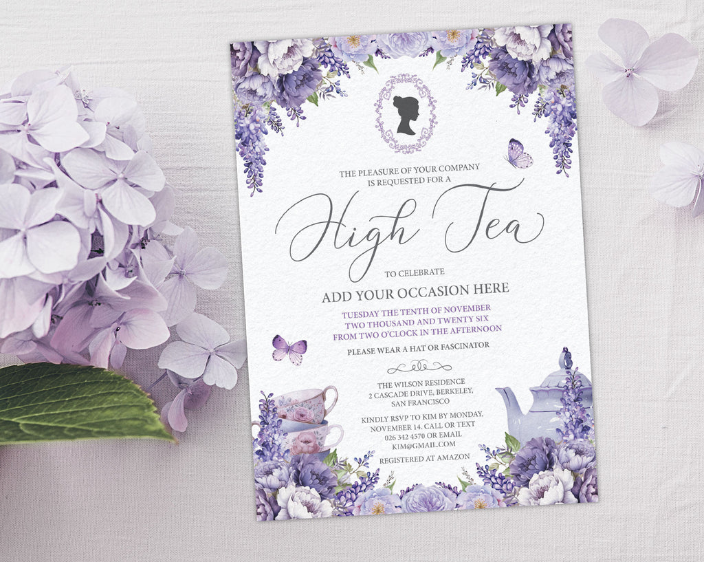 elegant purple flower regency style high tea party invitation laying on a grey background next to some light purple hydrangeas
