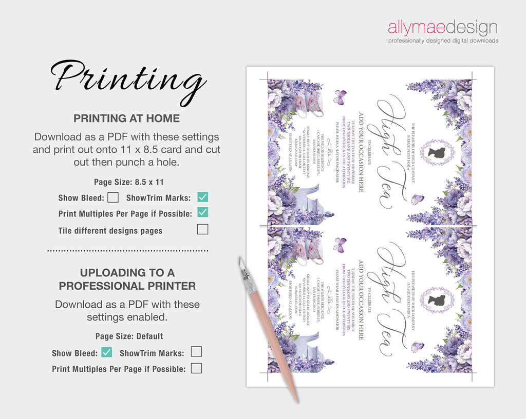 printing instructions for the lavender colored regency high tea invitation with cameo