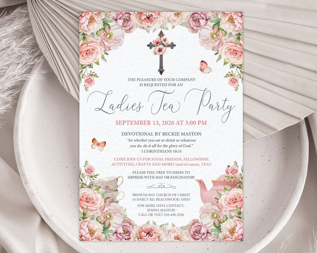 Invitation card for a Ladies Tea Party with floral design and cross symbol on a plate with a dried leaf