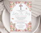 Invitation card for a Ladies Tea Party with floral design and cross symbol on a plate with a dried leaf