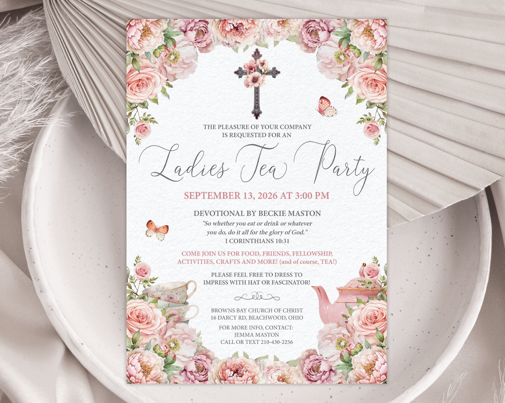 Invitation card for a Ladies Tea Party with floral design and cross symbol on a plate with a dried leaf