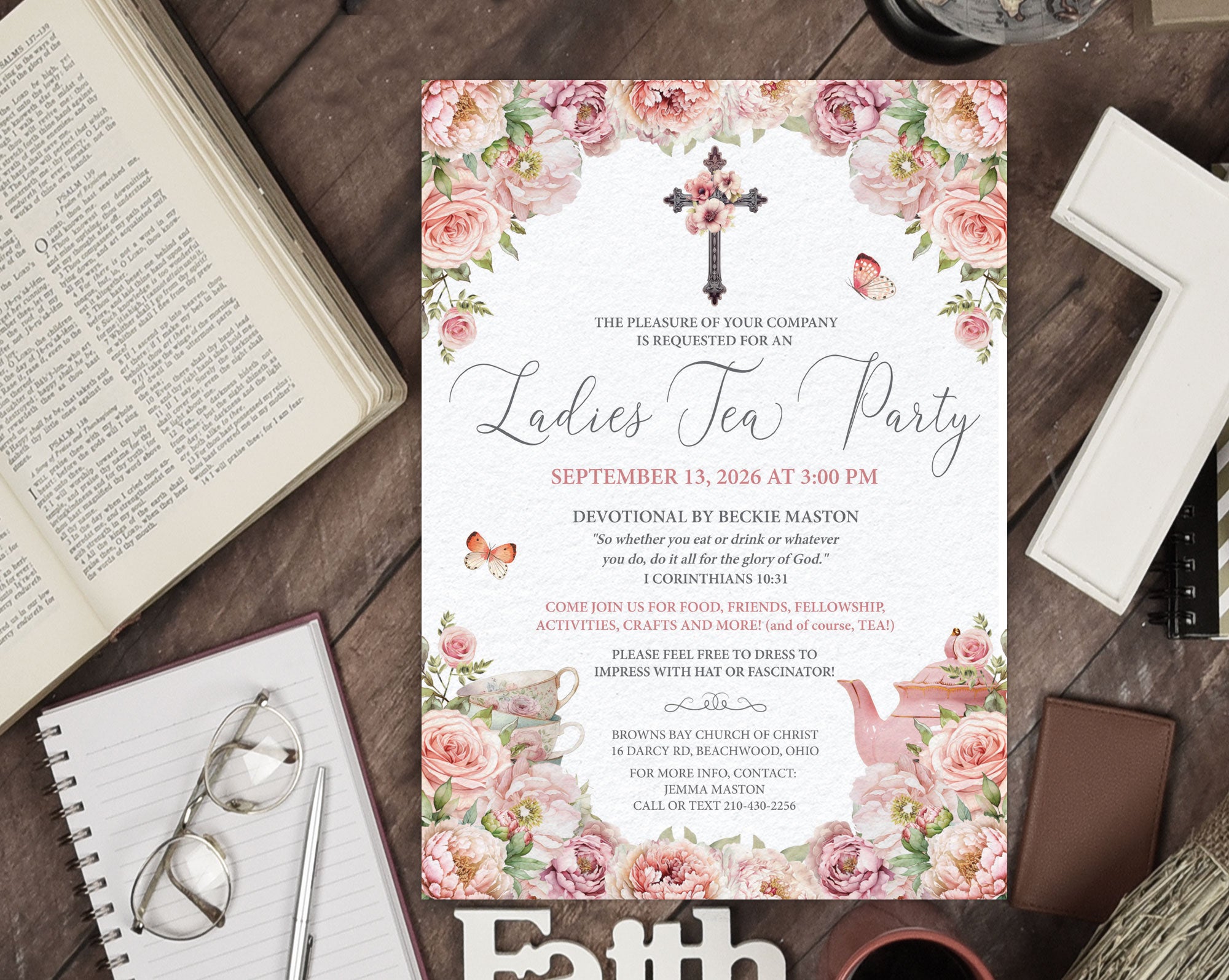 Invitation card for Church ladies tea event with floral design on a wooden surface, with eye glasses and bible