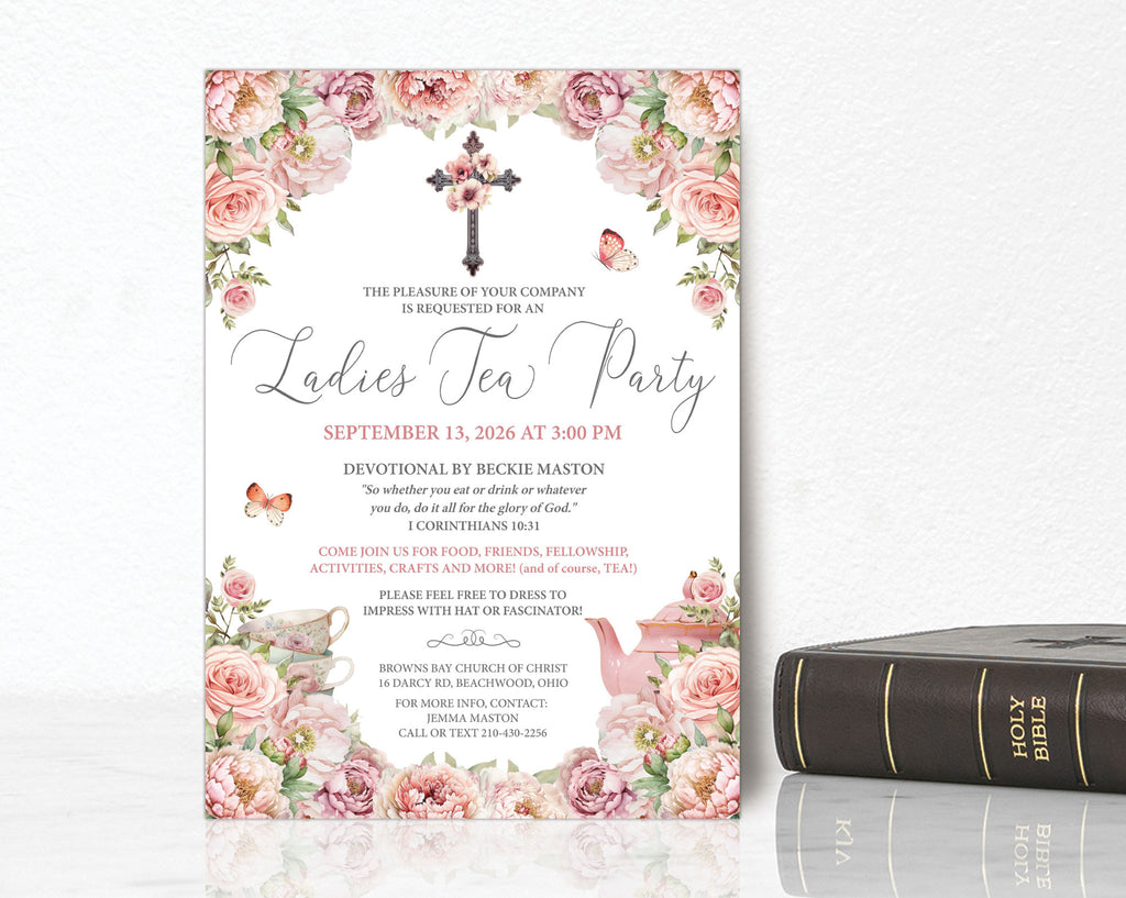 Invitation card for a Religious Ladies Tea Party with floral design on a white background next to a bible