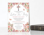 Invitation card for a Religious Ladies Tea Party with floral design on a white background next to a bible