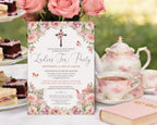 a blush pink women's ministries church tea invitation on an elegant tea table, leaning against a tiered stand with food, next to a teapot, cups and pink holy bible