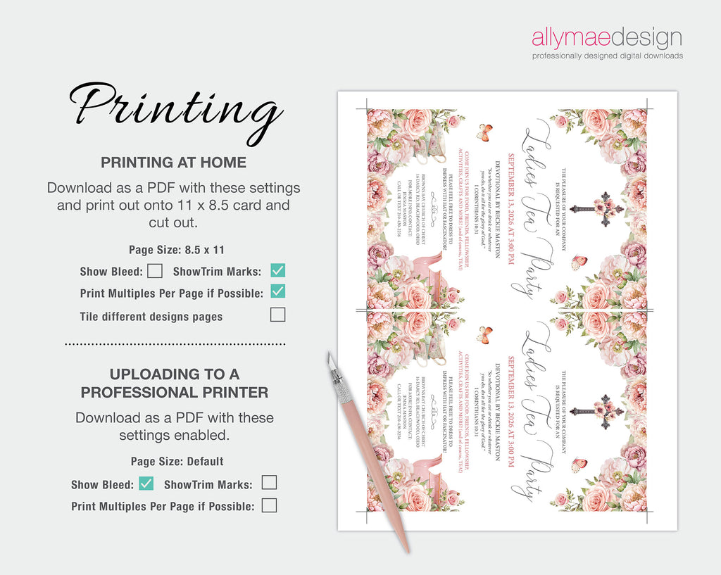 Instructions for printing a church tea invitation design with floral elements on a white background.