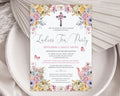 pretty pastel church ladies tea party invitation with christian cross, teapot and butterflies sitting on a white plate with dried beige leaves