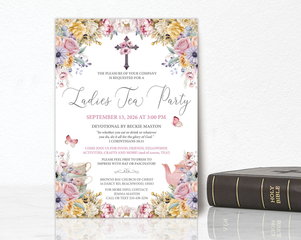 Pretty pink bible ladies tea invitation for a church tea leaning up against a white wall next to a bible