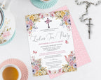 elegant pastel flower church ladies tea party invitation laying on a white background next to a pink and green tea set with a cross necklace