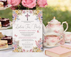 a women's ministries church tea invitation on an elegant tea table, leaning against a tiered stand with food, next to a teapot, cups and pink holy bible