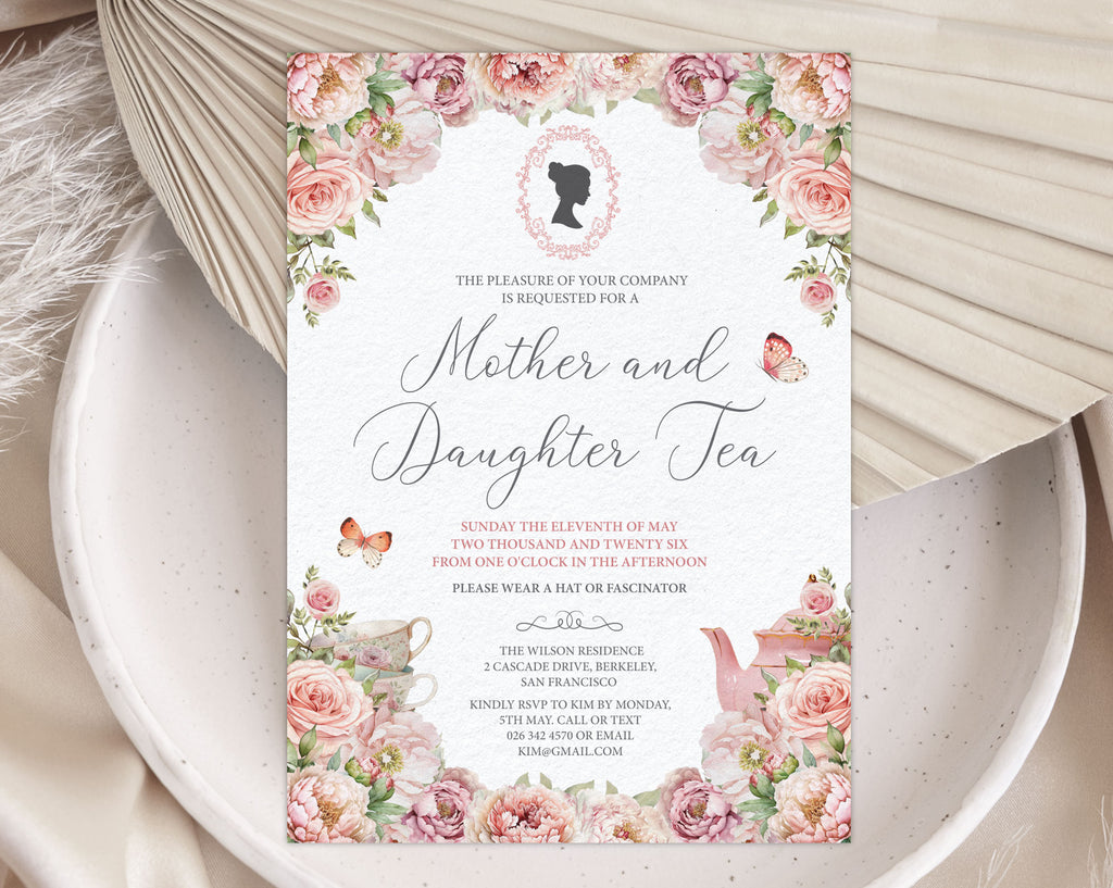 Invitation card for 'Mother and Daughter Tea' event with floral design on a textured surface.