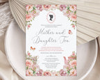 Invitation card for 'Mother and Daughter Tea' event with floral design on a textured surface.