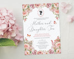 pretty pink hydrangeas next to a mother and daughter tea invitation with a pink flower and cameo design lying on a white cloth