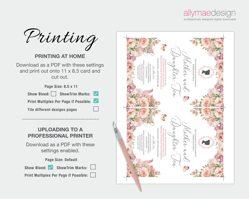 printing instructions for the regency style mother daughter tea invitation