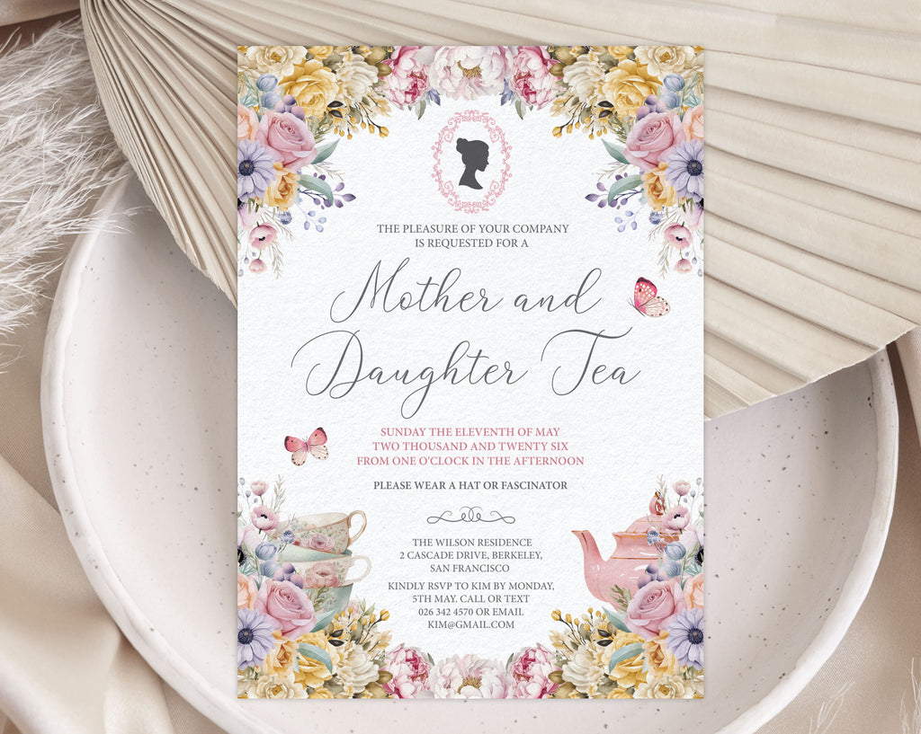 pastel flower Invitation card for 'Mother and Daughter Tea' event with floral design on a textured surface.