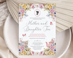 pastel flower Invitation card for 'Mother and Daughter Tea' event with floral design on a textured surface.