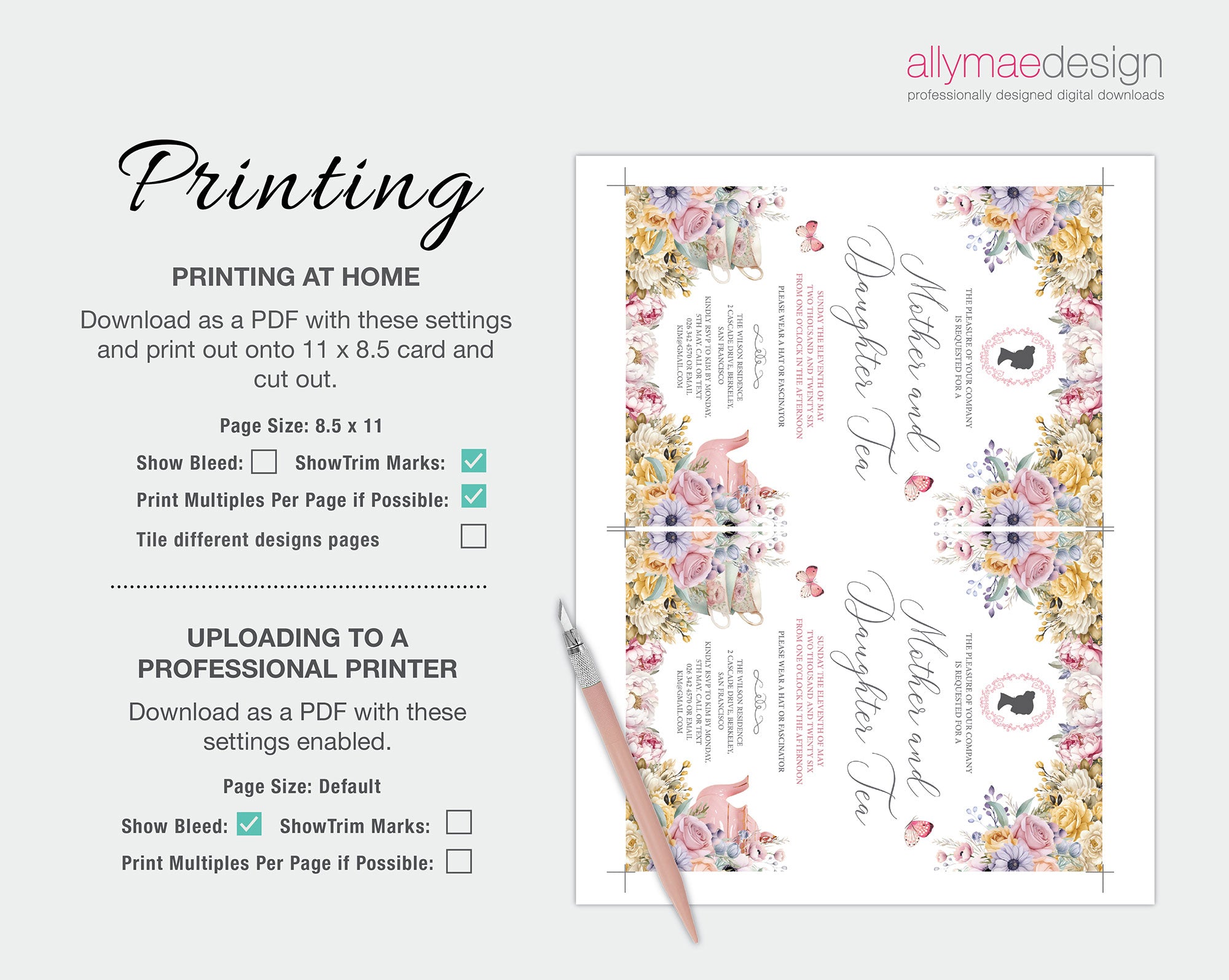 printing instructions for the regency style mother daughter tea invitation