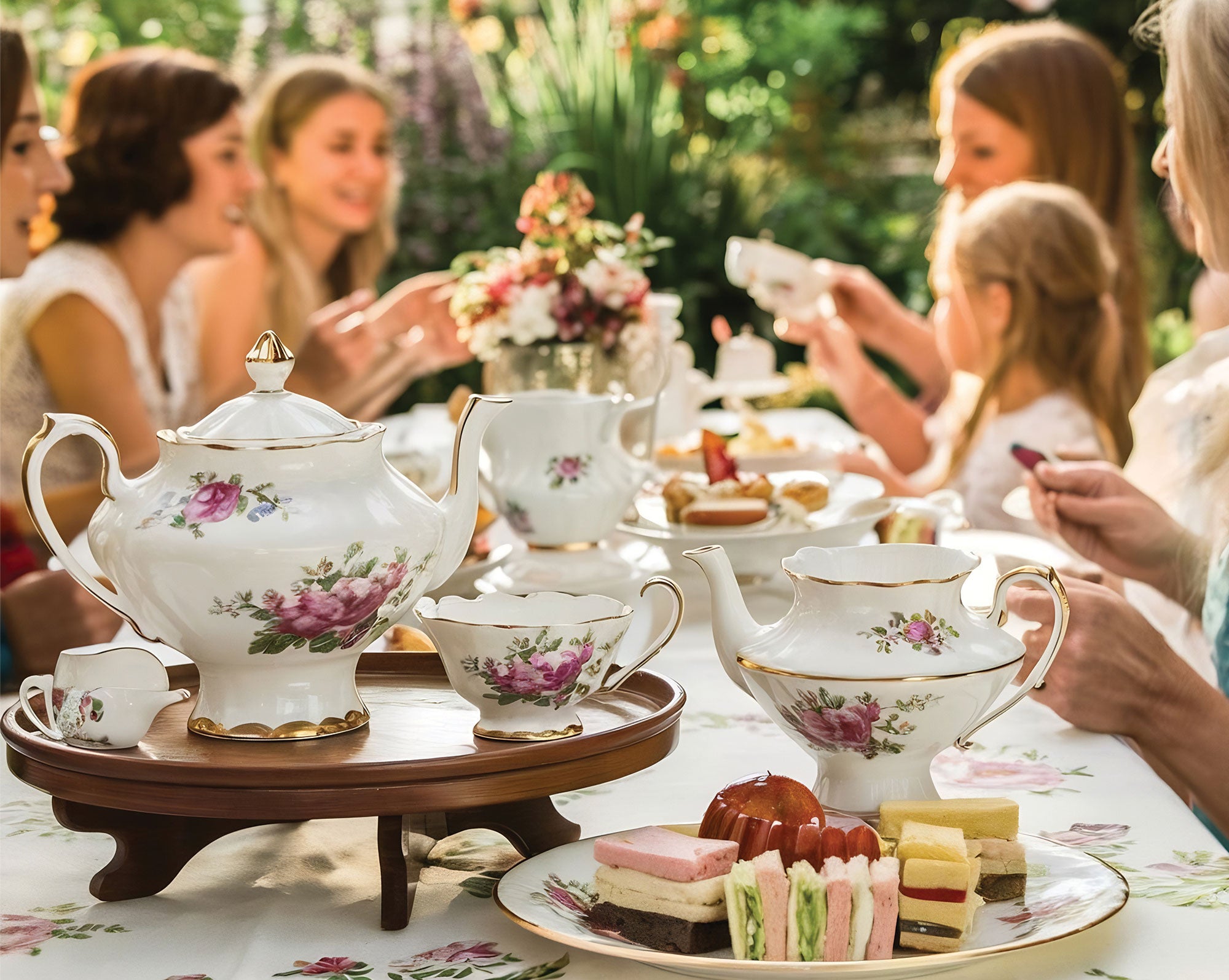 people outside at a long white tea table with food and tea service
