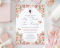 Invitation card for a 'My First Tea Party' with floral design and text on a white background.
