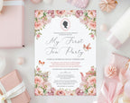 Invitation card for a 'My First Tea Party' with floral design and text on a white background.