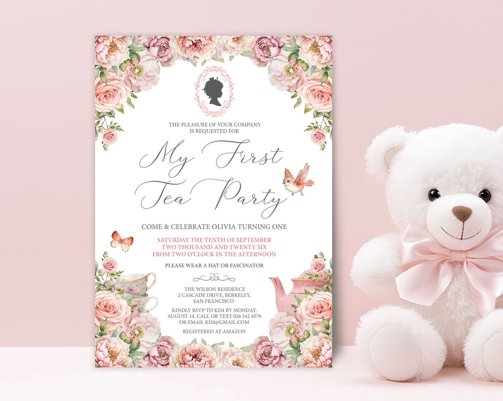 Invitation card for a 'My First Tea Party' with floral design and teddy bear on a pink background
