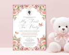 Invitation card for a 'My First Tea Party' with floral design and teddy bear on a pink background