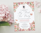 blush pink Invitation card  with a baby cameo for a  girls 'My First Tea Party' with floral design on a white background