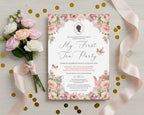 Pretty pink regency style Invitation card for 'My 1st Tea Party' with floral design and pink roses on a light wooden background with gold confetti
