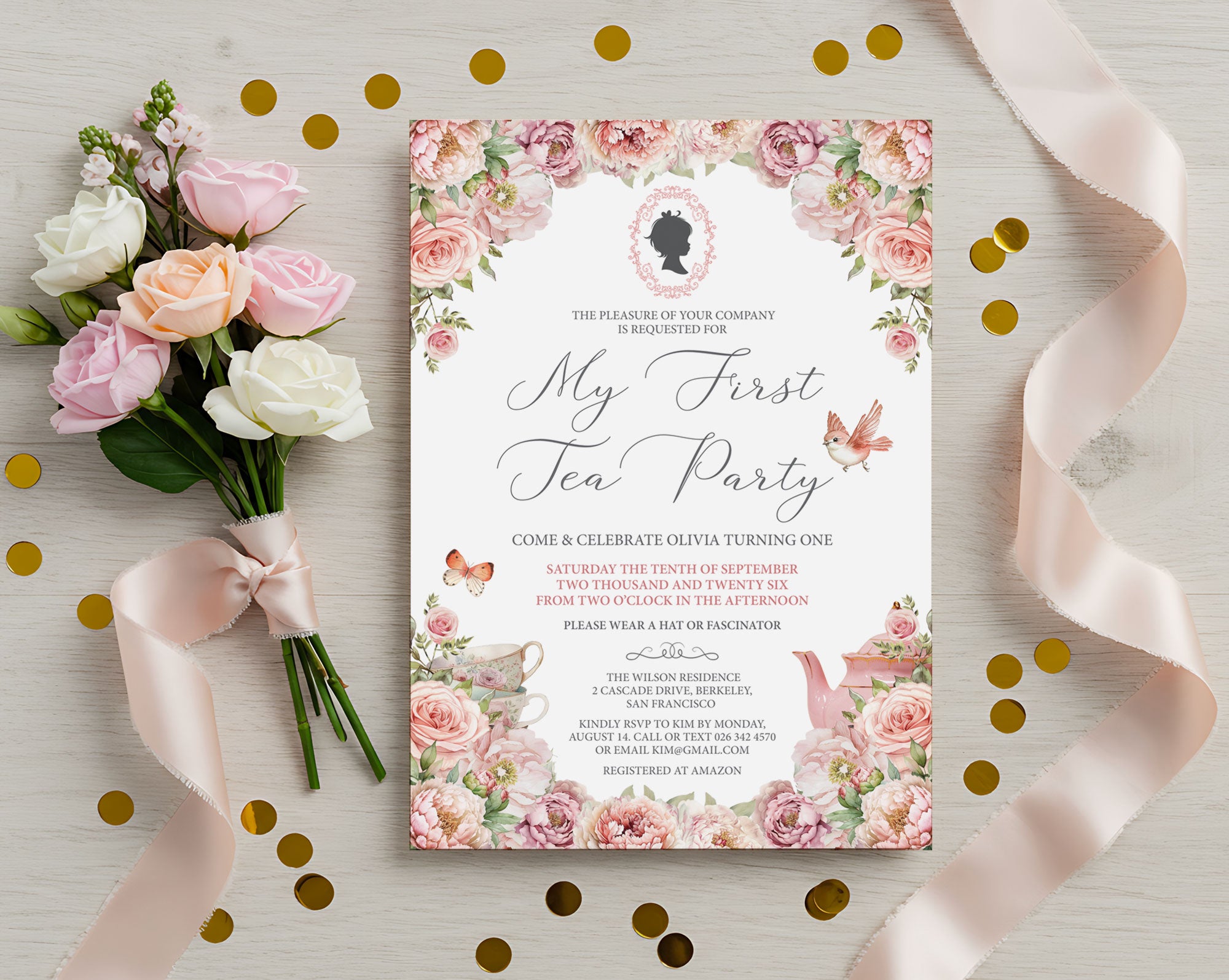Pretty pink regency style Invitation card for 'My 1st Tea Party' with floral design and pink roses on a light wooden background with gold confetti