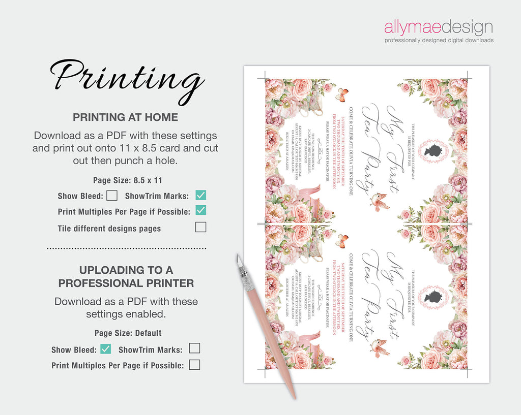 Floral design printout with printing instructions on a white background