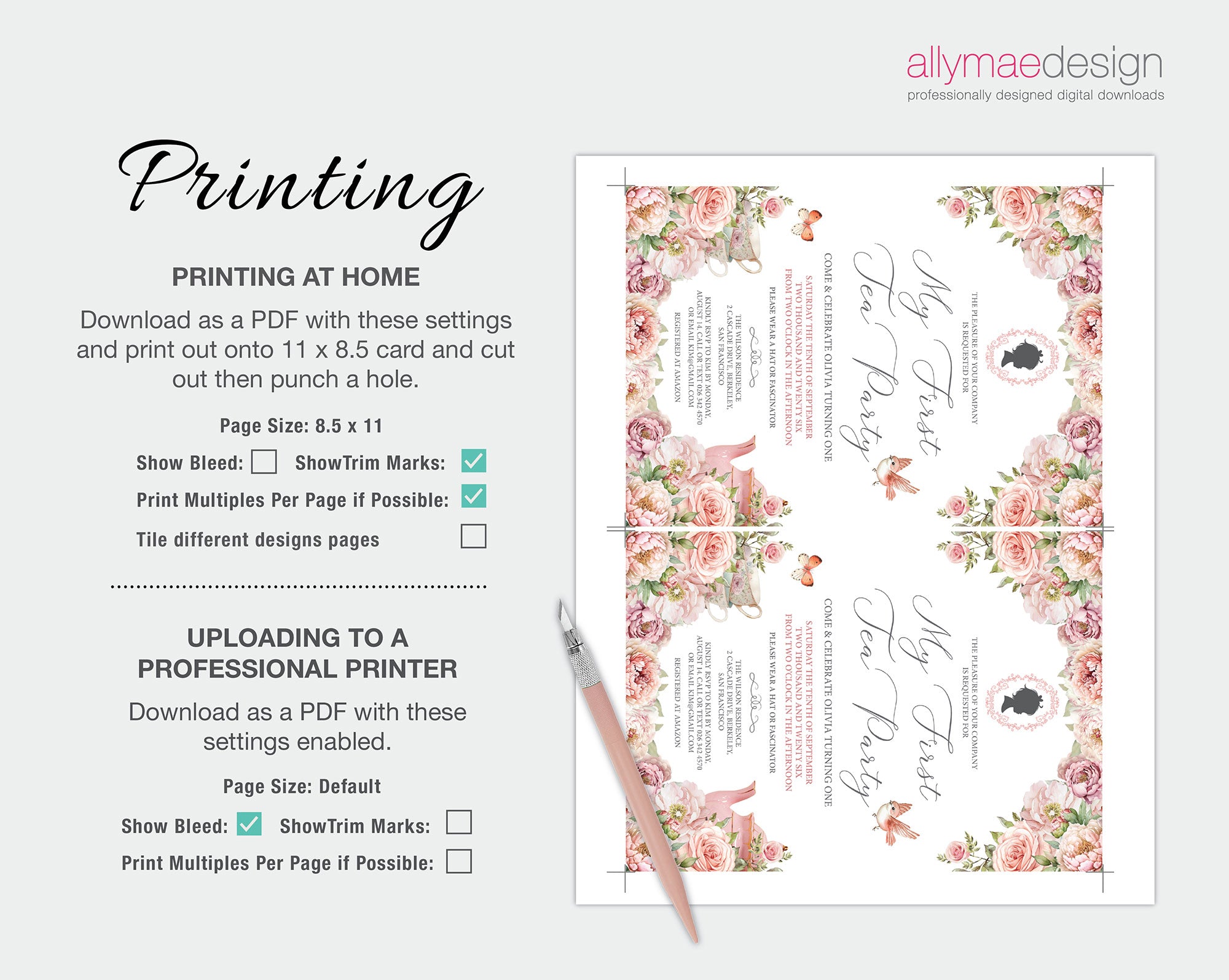 Floral design printout with printing instructions on a white background