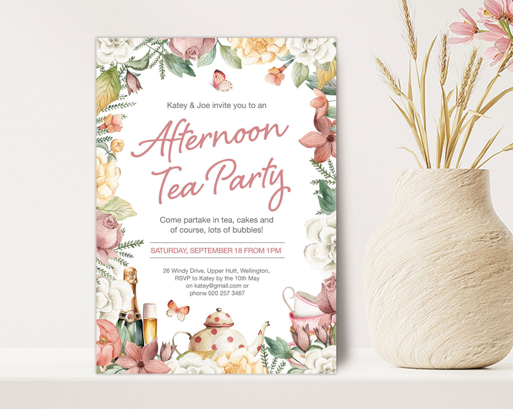 an afternoon tea party 5 x 7 invitation leaning up against a beige wall next to a clay vase with dried flowers