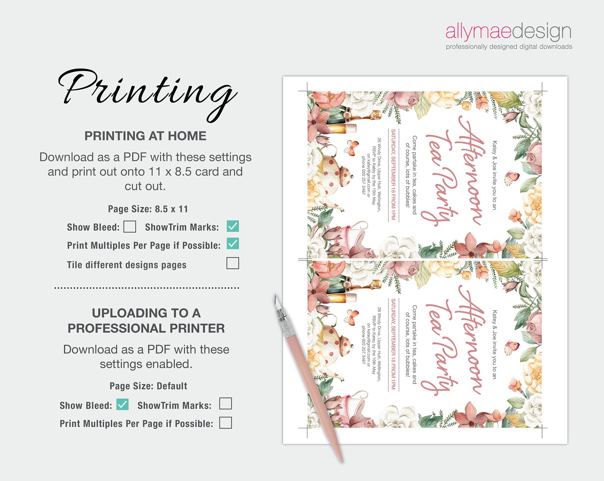 instructions on how to print the 5 x 7 floral border afternoon tea party invitation