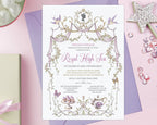 Invitation card for a 'Princess Royal High Tea' with birds, butterflies, teapot and cakes, laying on a purple envelope on a pink background with a glitter wand