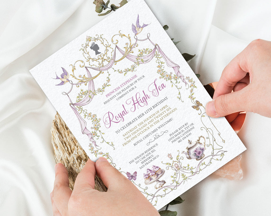 royal high tea for a princess Invitation card with decorative elements held by hands on a light fabric background