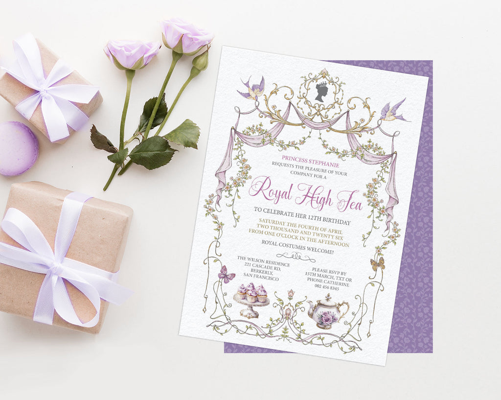 Invitation card for a 'Royal High Tea' with decorative elements next to roses and gift boxes on a white background.