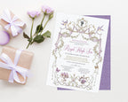 Invitation card for a 'Royal High Tea' with decorative elements next to roses and gift boxes on a white background.