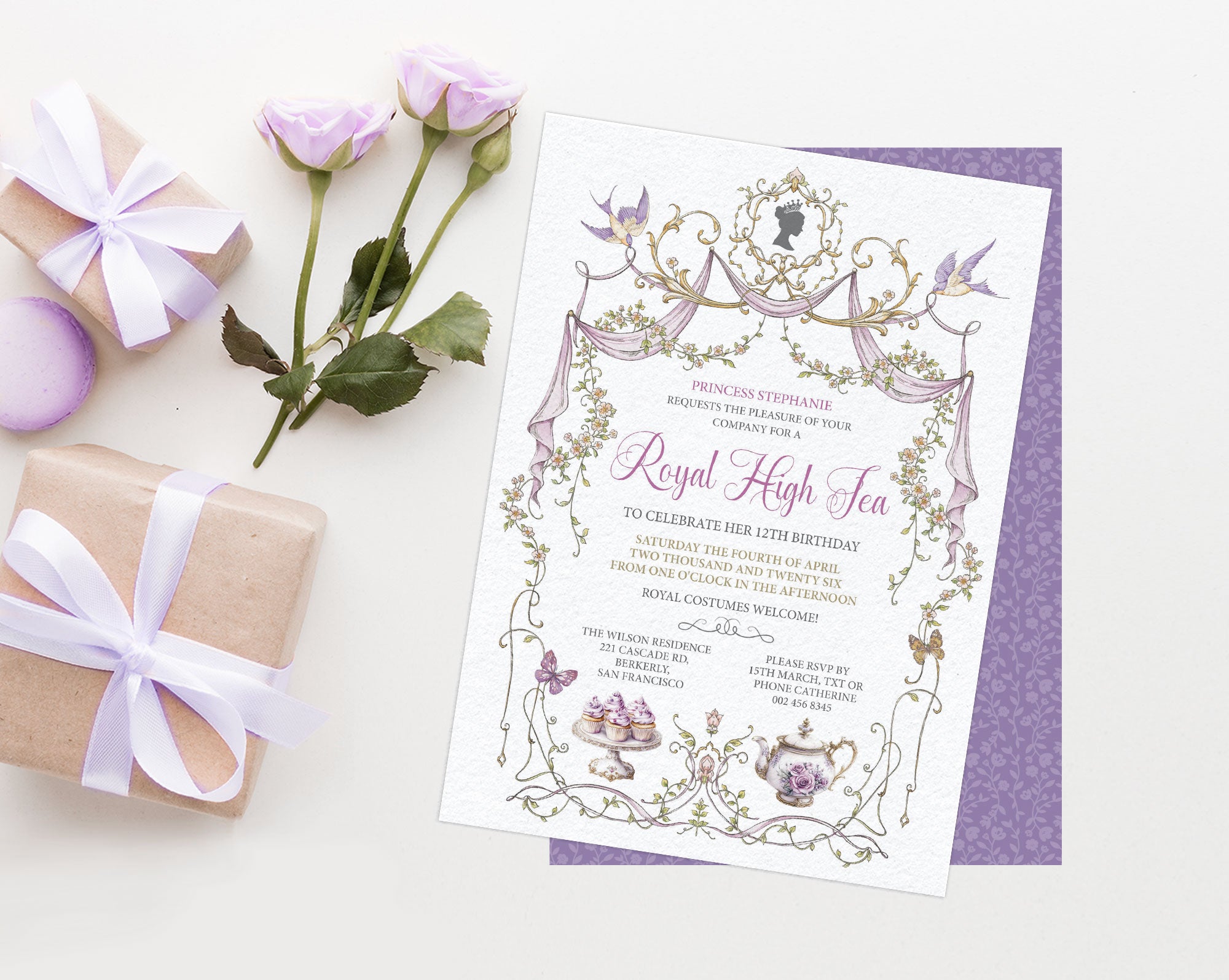 Invitation card for a 'Royal High Tea' with decorative elements next to roses and gift boxes on a white background.