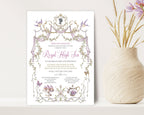 princess party Invitation card for a 'Royal High Tea' event with decorative elements on a white background next to a vase of dried flowers.