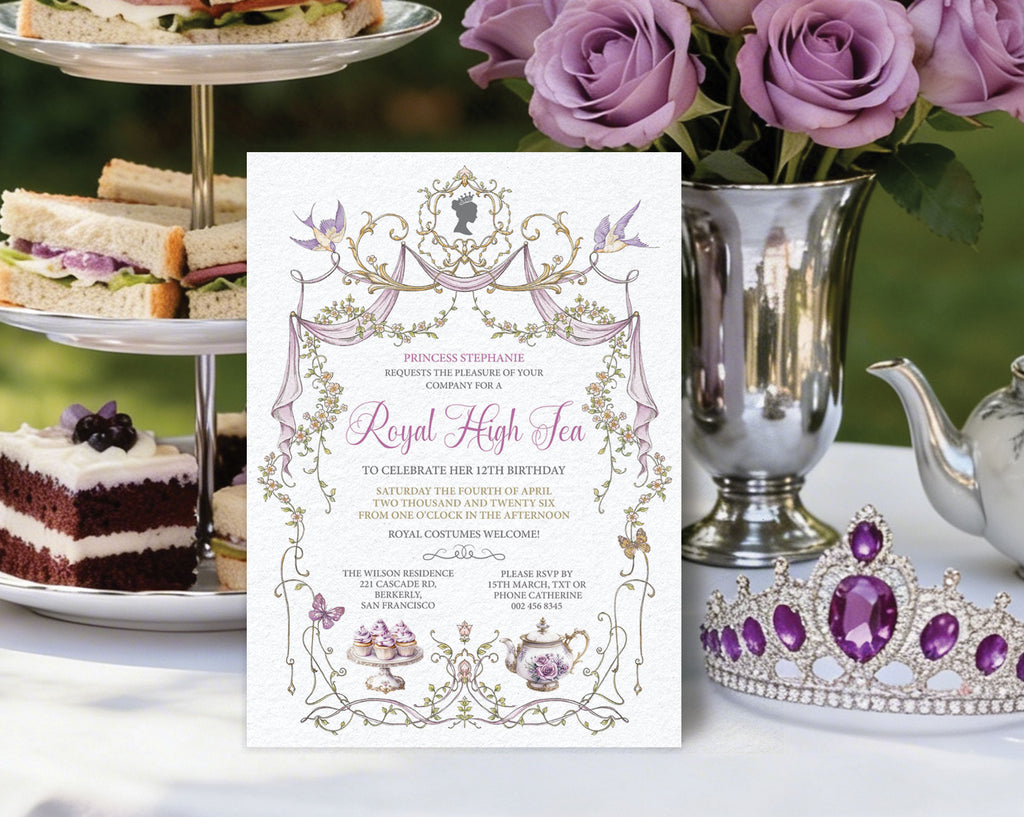 Princess Royal high tea invitation with birds, Silhouette next to tea set and cake on a table next to a tiara