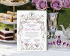 Princess Royal high tea invitation with birds, Silhouette next to tea set and cake on a table next to a tiara