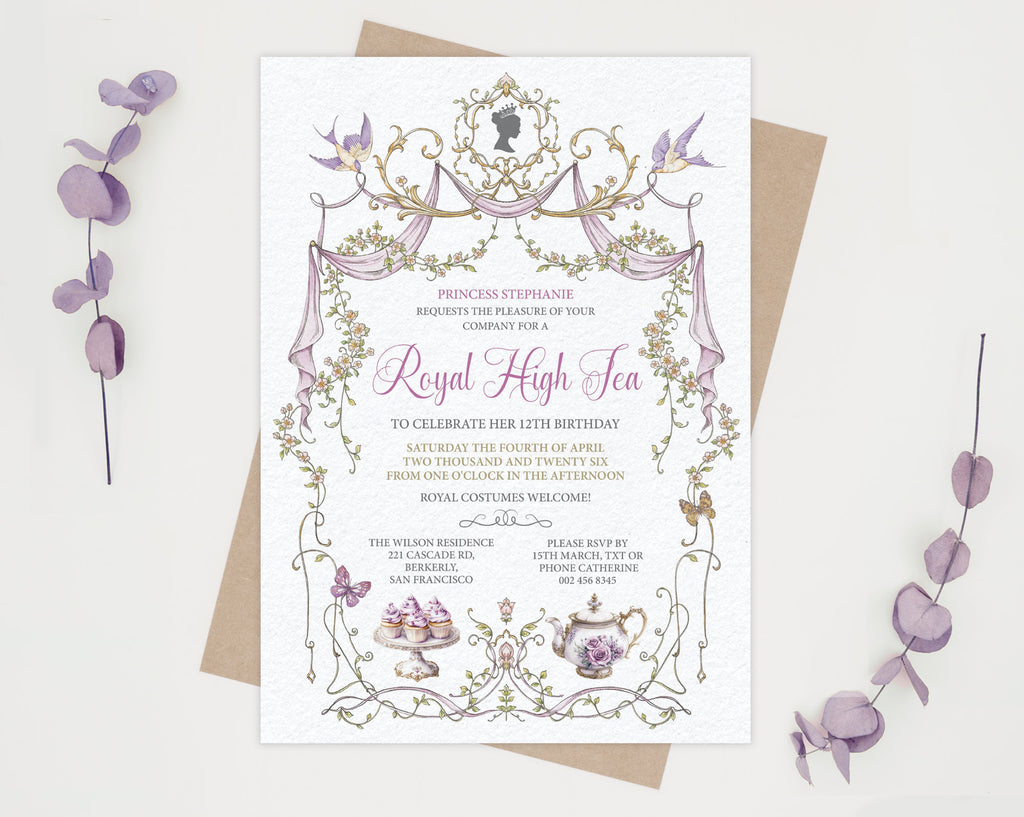 elegant princess party Invitation card for a royal high tea event with birds, butterflies and Silhouette on a white background.