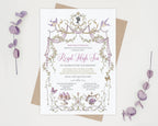 elegant princess party Invitation card for a royal high tea event with birds, butterflies and Silhouette on a white background.