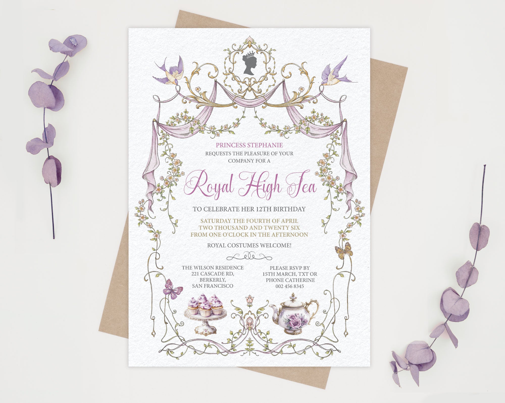 elegant princess party Invitation card for a royal high tea event with birds, butterflies and Silhouette on a white background.