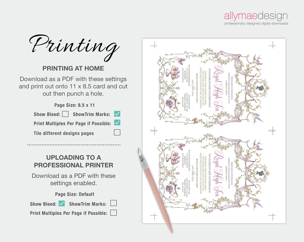 printing Instructions for the princess royal high tea party invitation with floral design