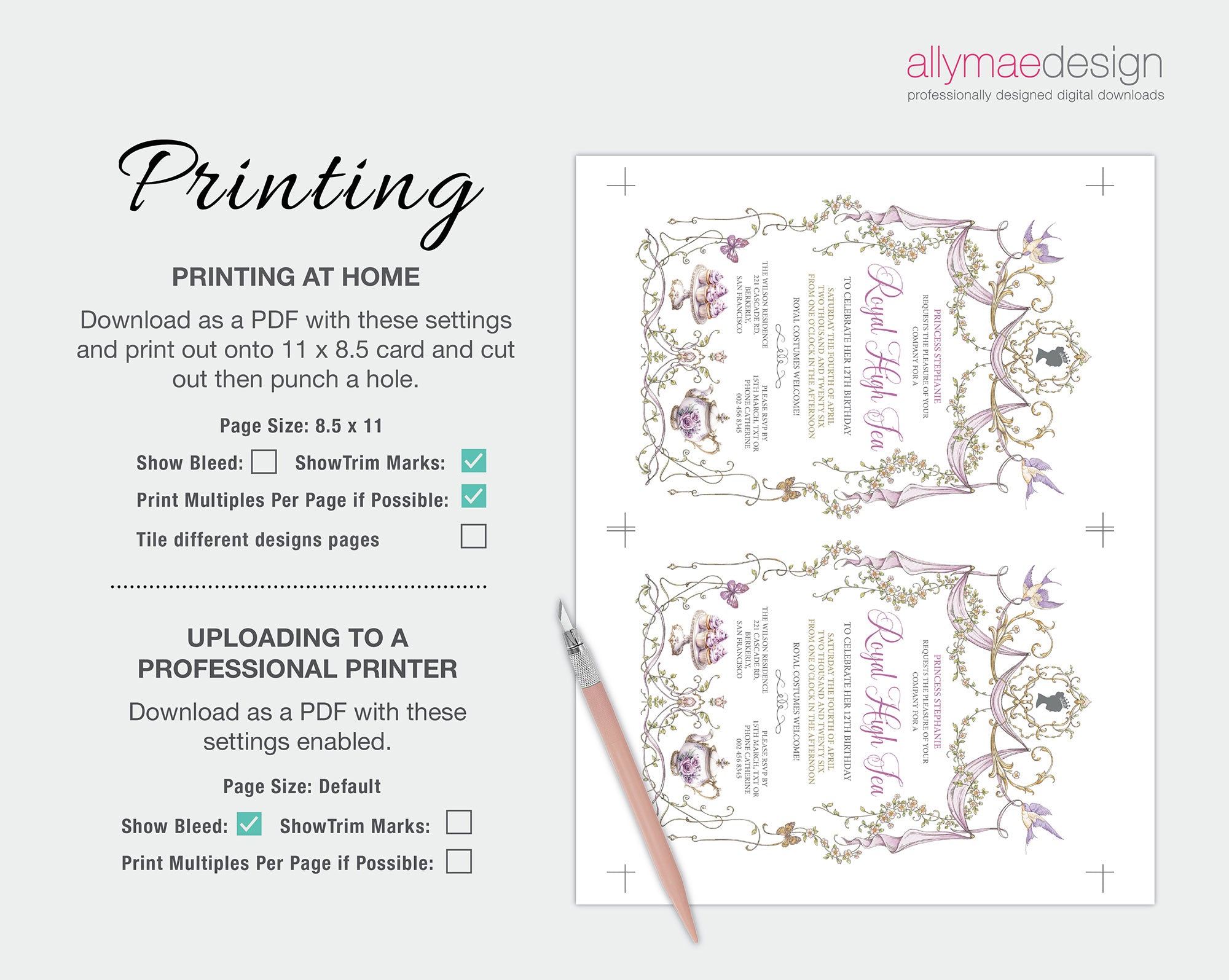 printing Instructions for the princess royal high tea party invitation with floral design