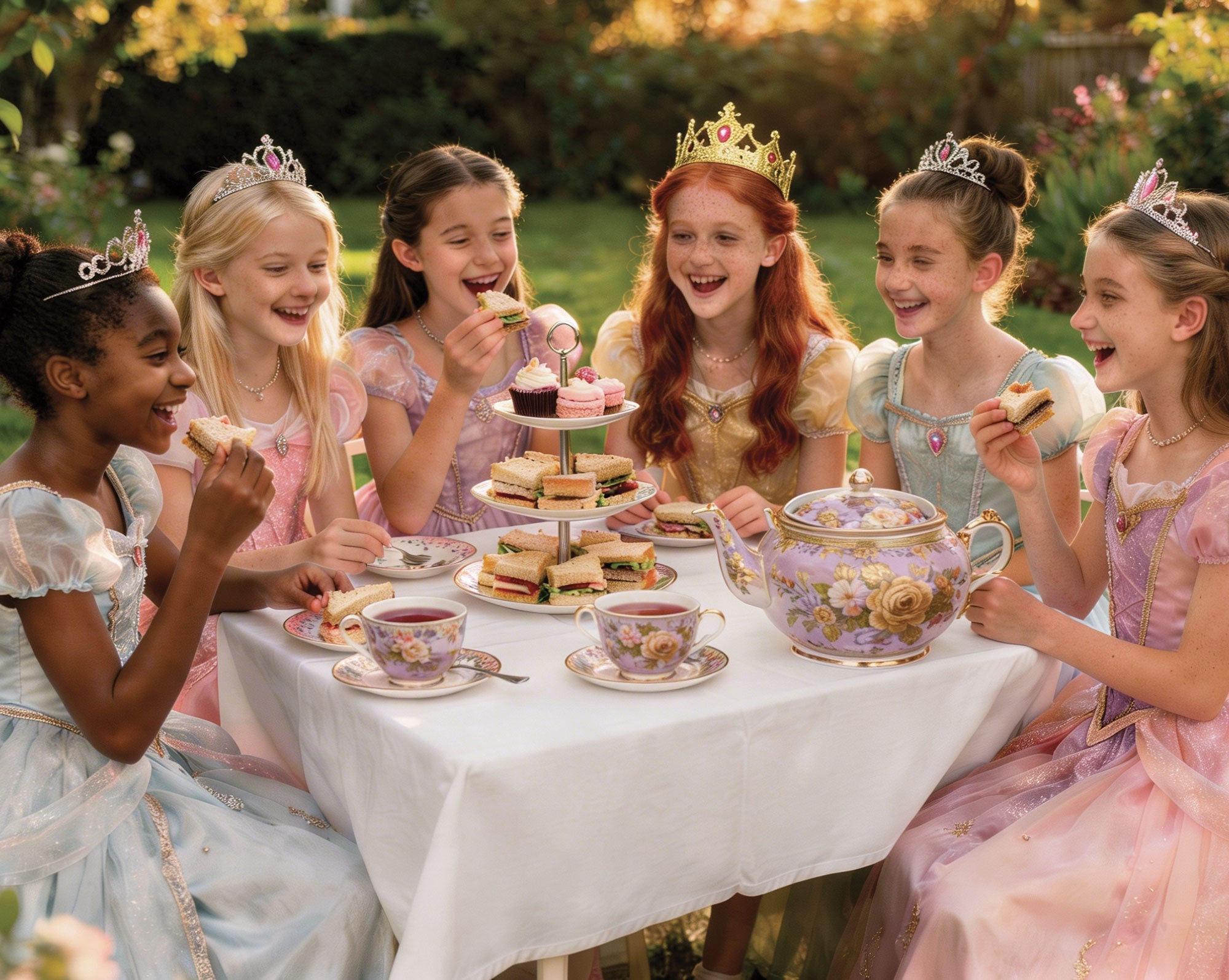girls in pastel princess dresses and tiaras sitting around a tea table outside with teapot and tea party food