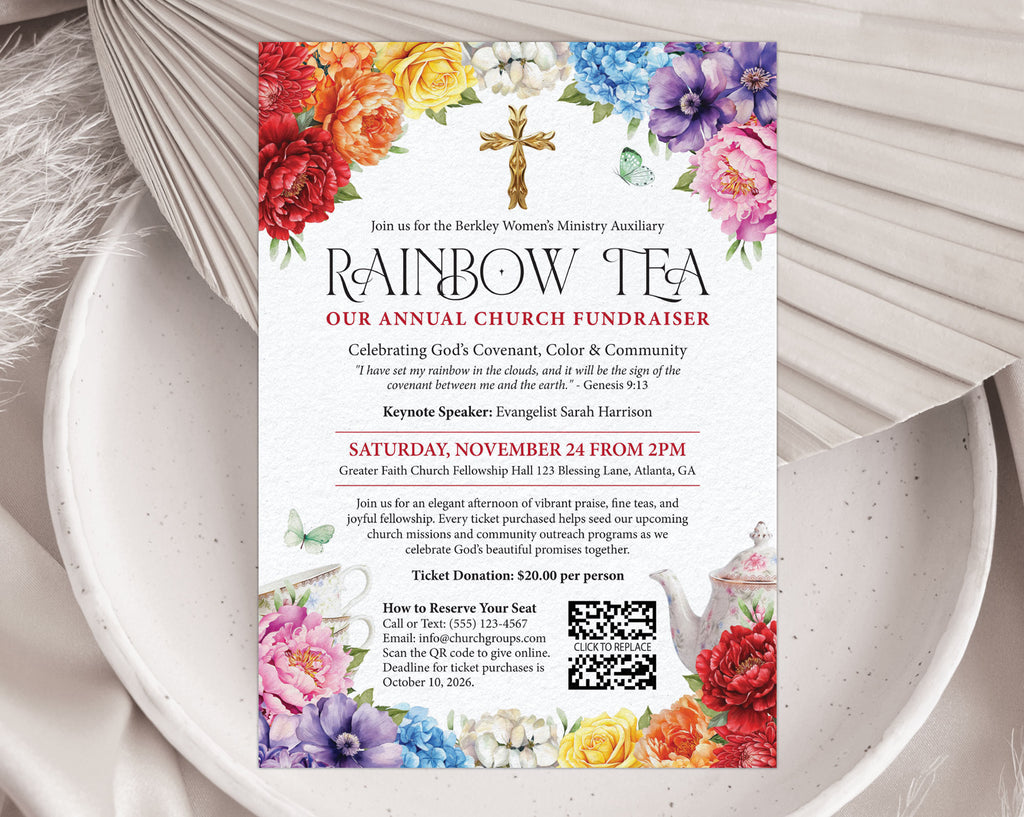 A pretty Church Rainbow Tea Fundraiser invitation with gold cross, teapot and tea cups, laying on a plate and dried leaf