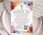 A pretty Church Rainbow Tea Fundraiser invitation with gold cross, teapot and tea cups, laying on a plate and dried leaf
