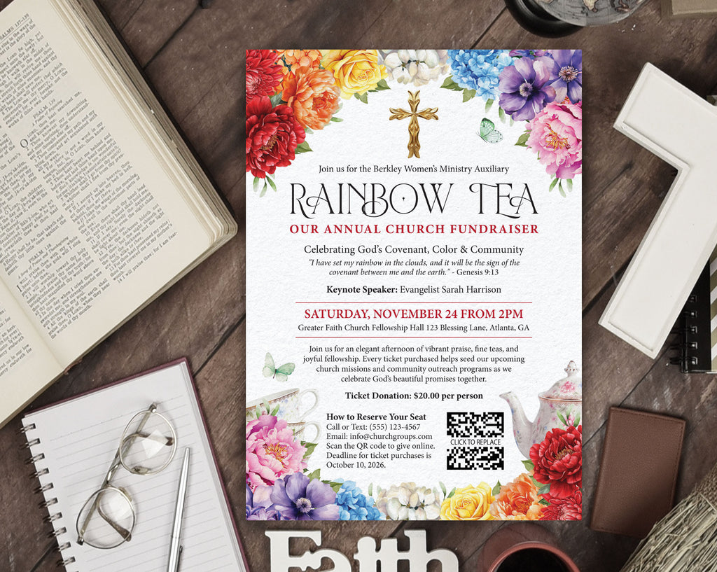 Invitation for a church fundraising rainbow tea party for a religious event with QR Code sitting on a dark wood table surrounded by a bible, a cross, eye glasses and notebook
